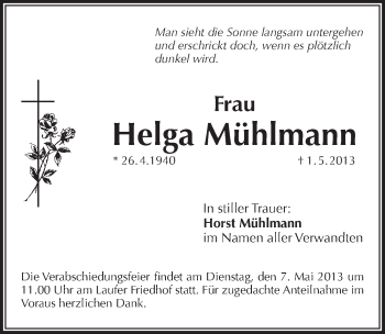 Traueranzeige von Helga Muehlmann von Pegnitz-Zeitung